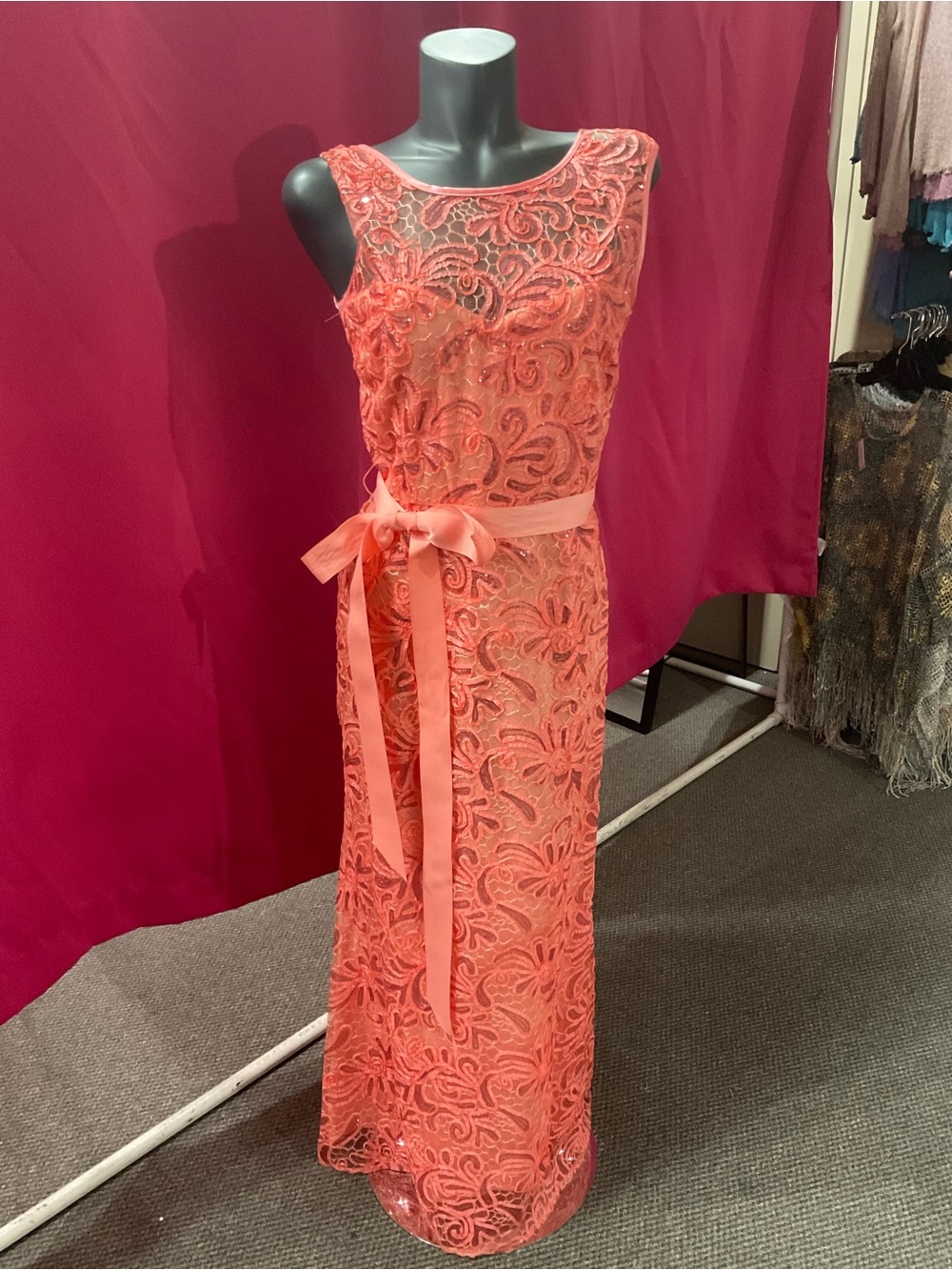 Aspeed Coral Lace Maxi Dress with Satin Sash